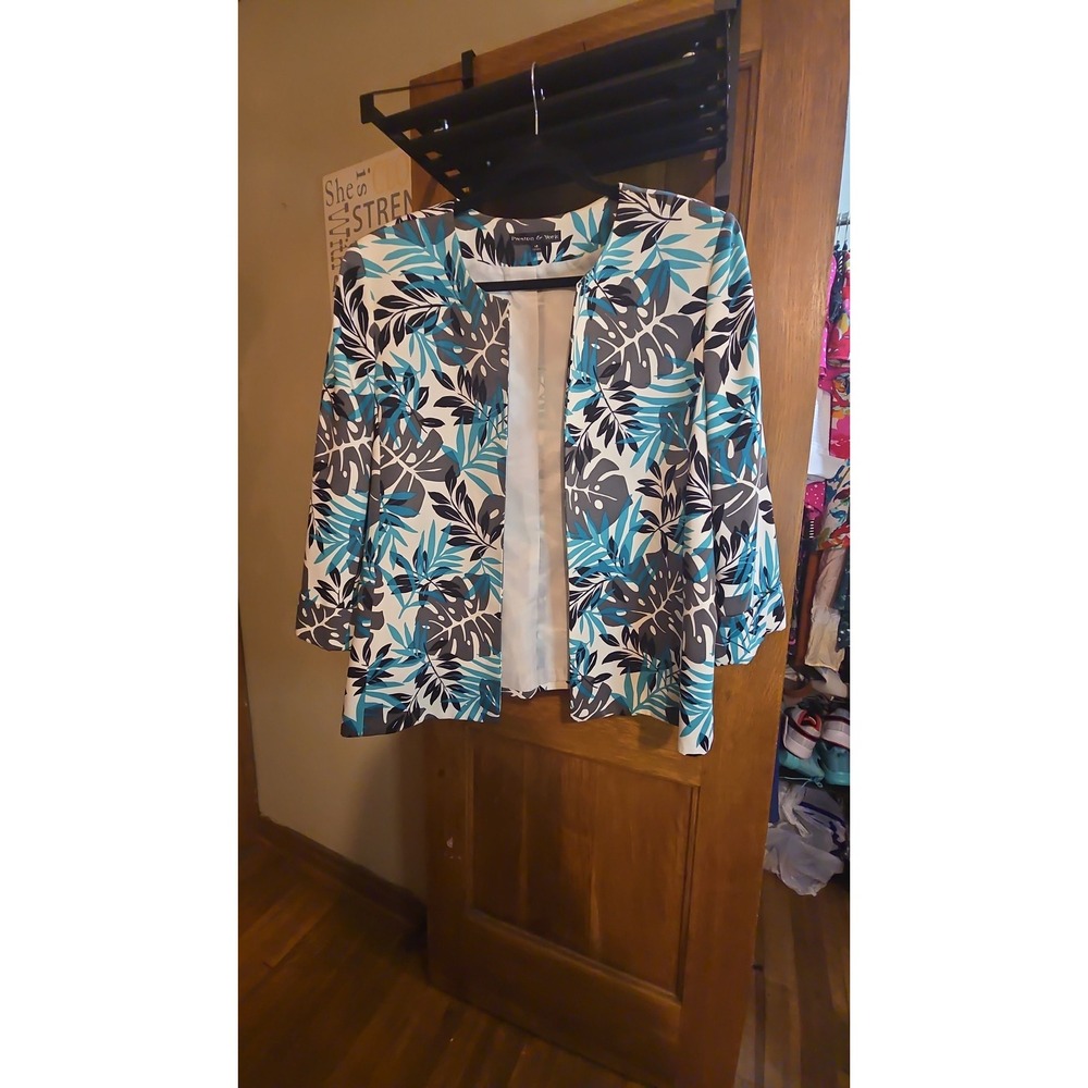 Preston & York Womens 3/4 Sleeve Blazer Tropical Leaf Print Teal Gray Size 16